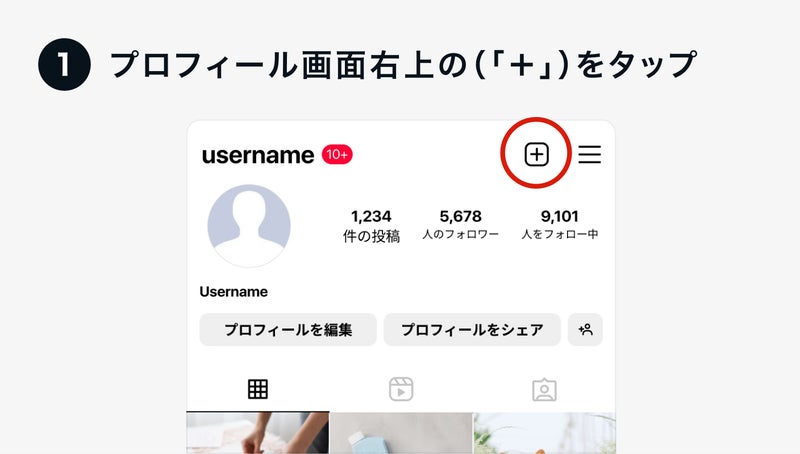 プロフィール画面右上の(『+』)をタップの画像